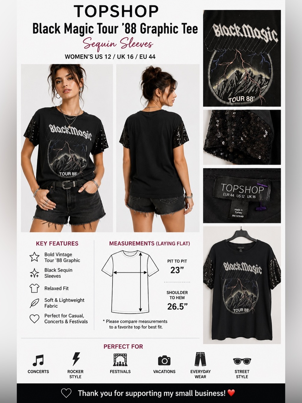 Topshop Black Magic Tour '88 Graphic T-Shirt Sequin Sleeves Women's US 12 Black